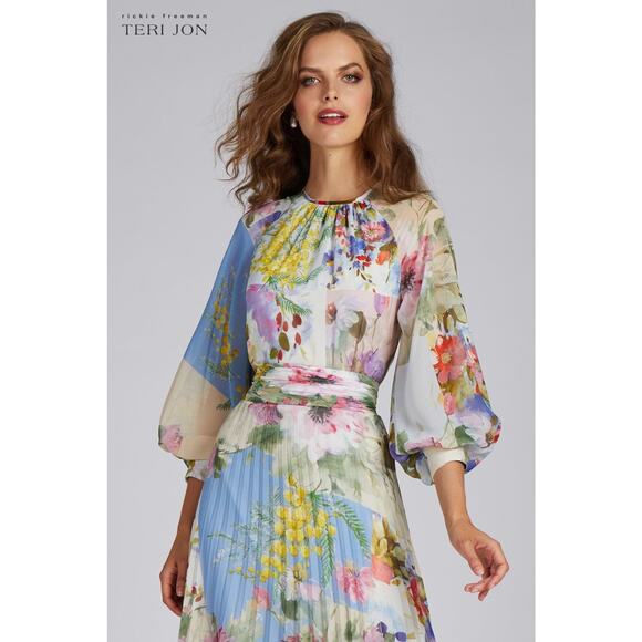 Teri Jon Rickie Freeman Patchwork Print Pleated Floral Chiffon Maxi Gown - Picture 2 of 12